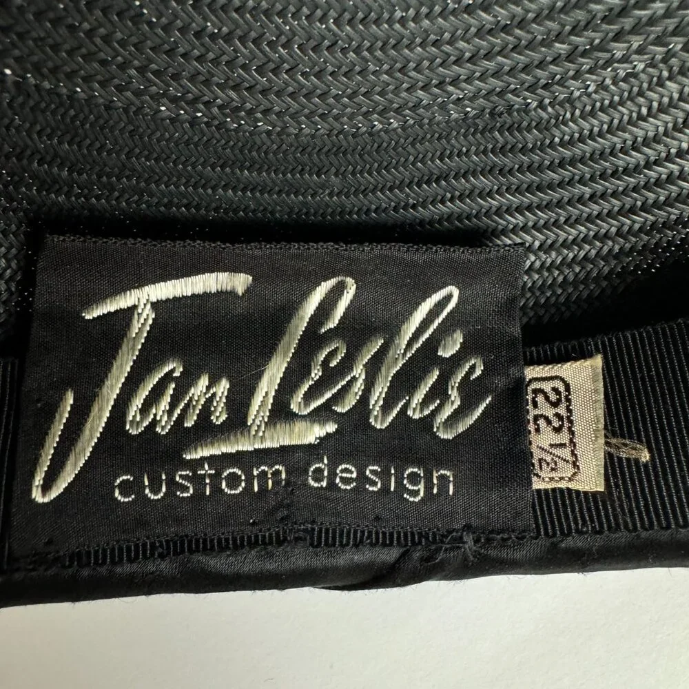 Vintage 50-60s Jan Leslie Elegant Small Hat Black Straw Satin Bow Size 22 1/2
